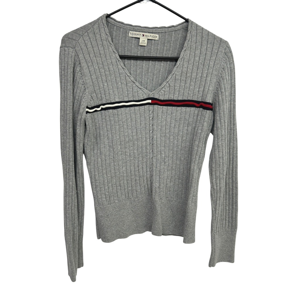 Tommy Hilfiger Rib Knit Sweater Large Gray V Neck Preppy Academia Old Money‎ Y2K